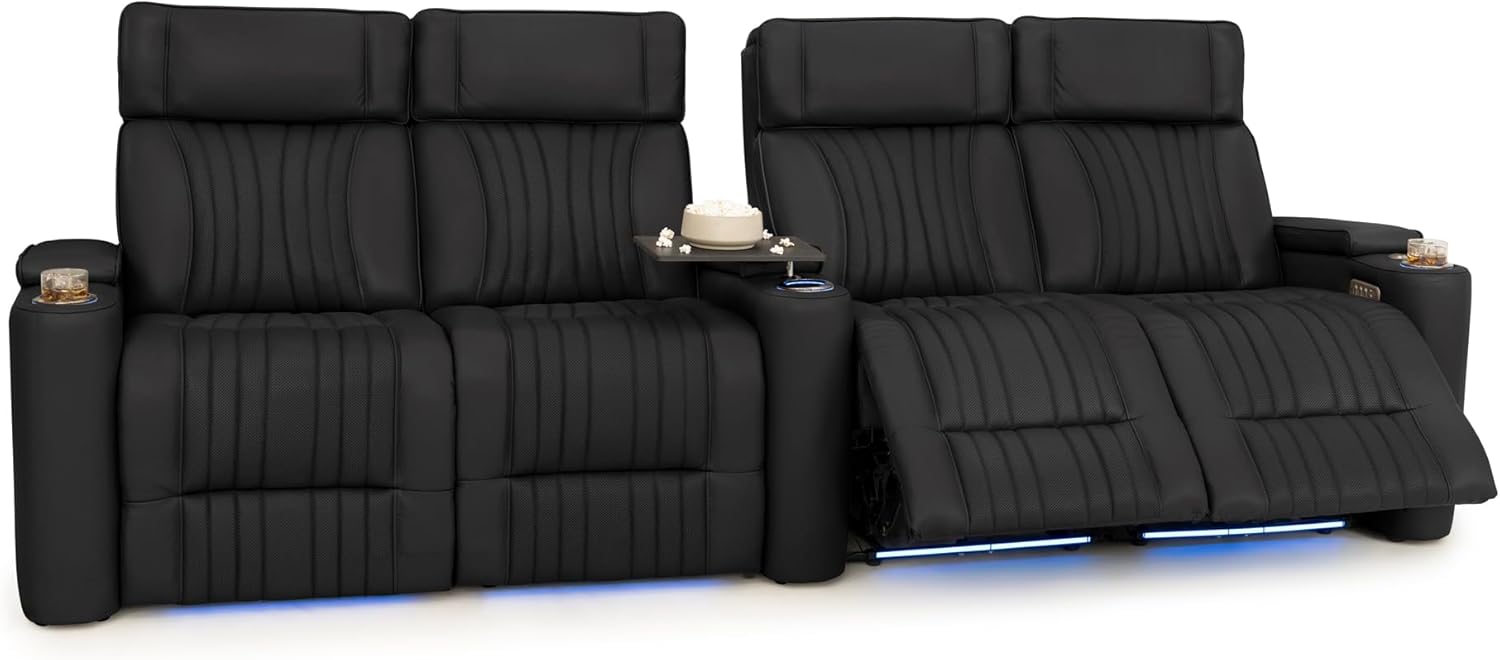 Seatcraft Valore Zero-Gravity HeatZero Italian Leather Home Theater Seating, Heat & Massage, Power Headrest, Power Lumbar, Row of 4 Dual Loveseats, Black