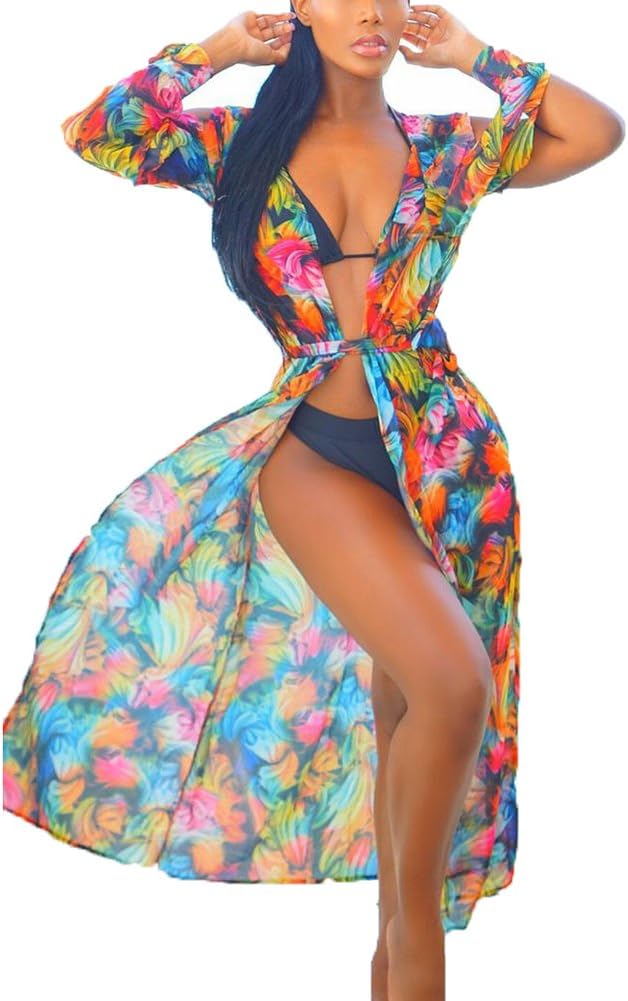Beach Cover Ups For Swimwear Women - Chiffon Kimono Cardigan Long Floral Print Swimsuit Cover-Ups Bikinis Bathing Suit Cover Up Dress (M)