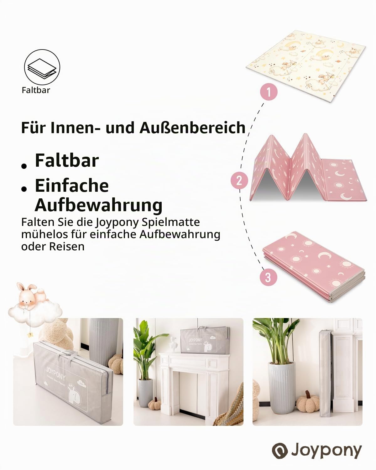 Joypony Kriechling. Krabbelmatte Baby, 150x180 CM Große Faltbare Spielmatte, Wasserdicht & Rutschfest, Baby Play Mat mit Tragetasche – Ideal für Babys & Kleinkinder