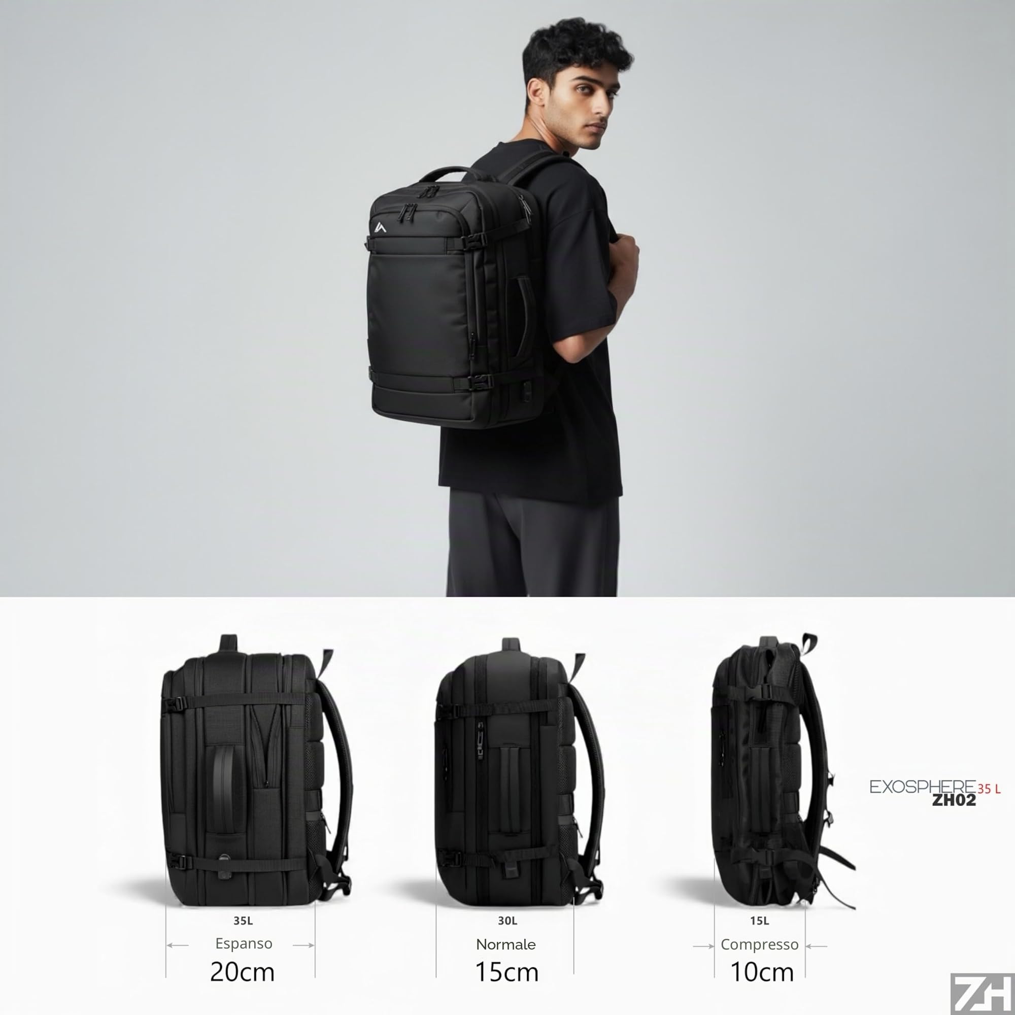 +ZERMATT-HORN Zaino da viaggio sottovuoto. Estensibile 25L a 30L, laptop da 15" a 17". Zaino da bagaglio a mano 40 x 30 x 20 cabina per volo con Ryanair, Vueling, Easyjet, Travel Backpack cabin.