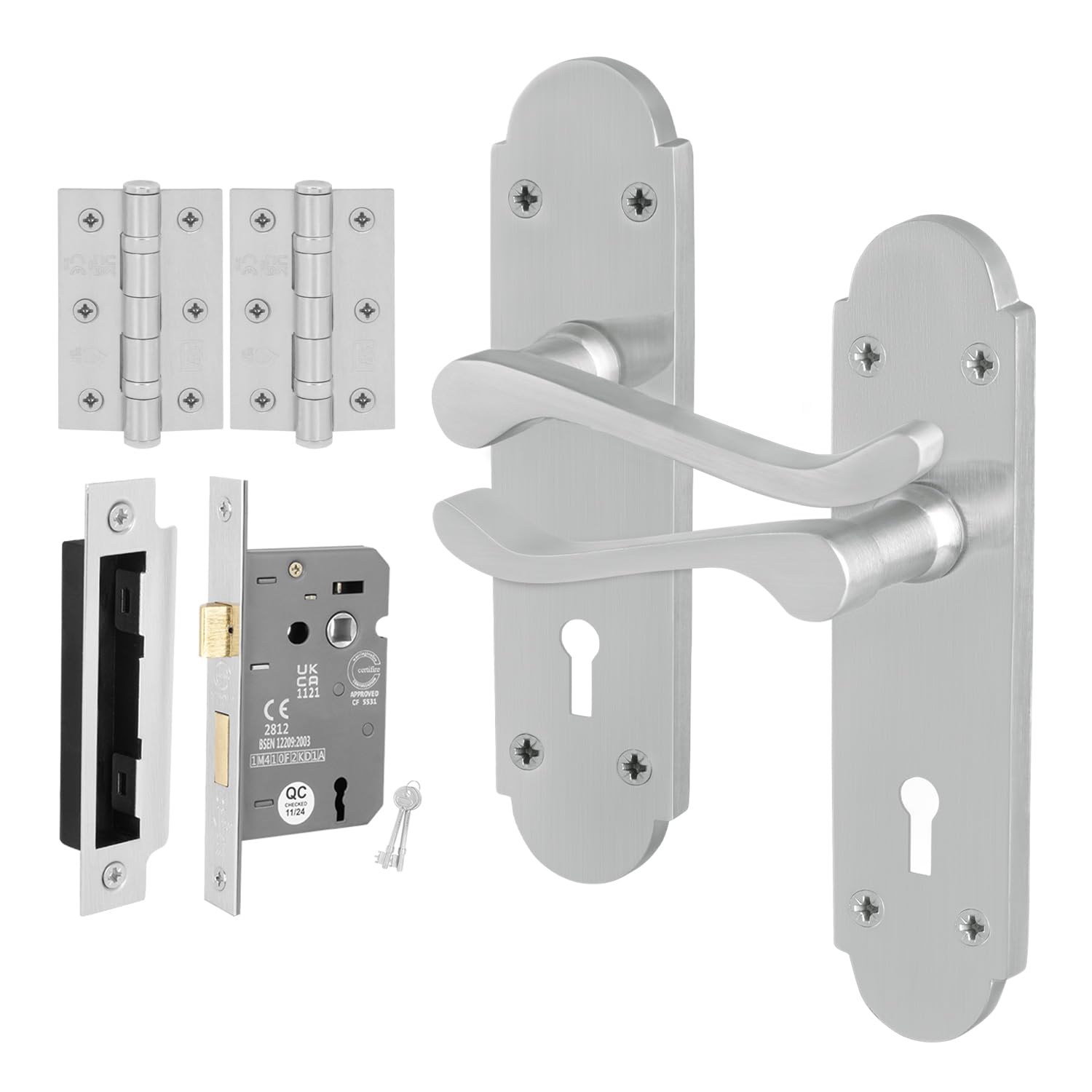 EAI Satin Door Handles Lock Set, 1 Pair Internal Satin Chrome Victorian Scroll Backplate Handles, Hinges and Lock 64mm