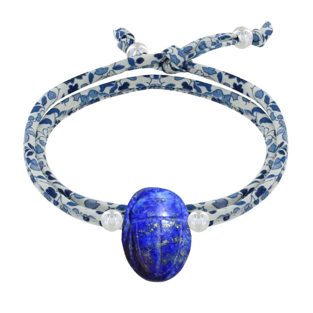 LES POULETTES BIJOUX - Pulsera Doble Turno Enlace liberty Talismán Escarabajo en Lapislázuli y Perlas de Plata 925