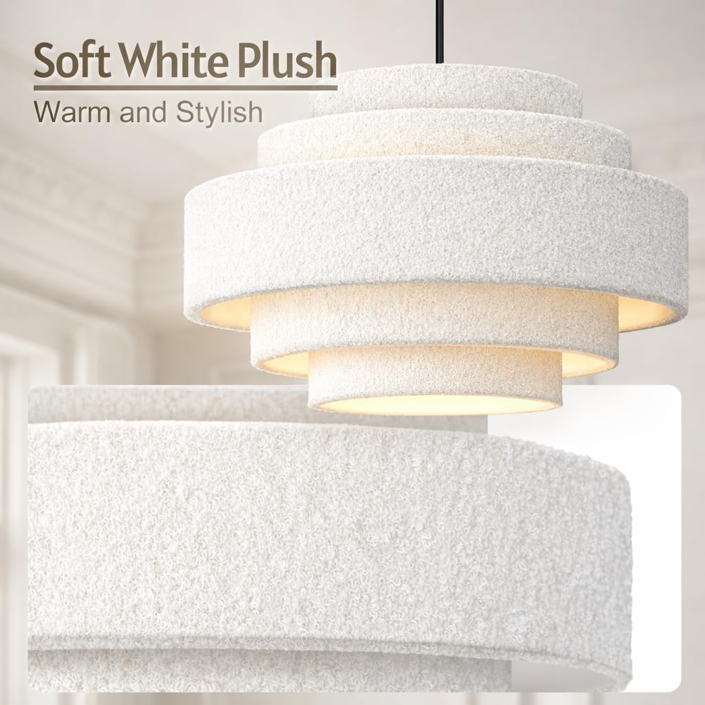 20'' Modern 5-Tier Chandelier, Large Plush Drum Pendant Light for Kitchen Island, Adjustable Height & White Shade, Coastal Hanging Lighting Fixture for Dining Room, Living Room, Bedroom, Foyer