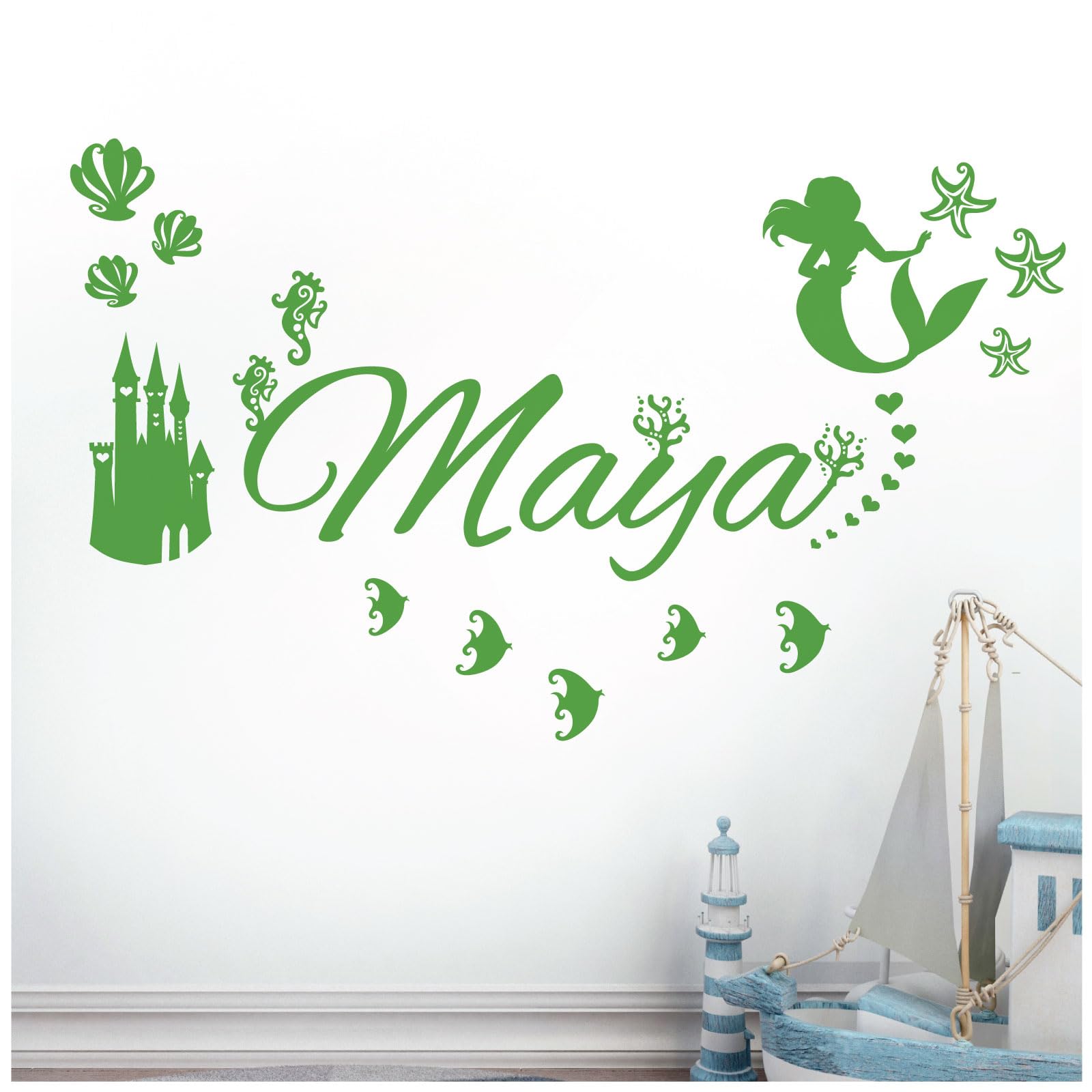 Personalised Name - Little Mermaid Inspired, Ocean, Castle, Starfish - Children's Bedroom Vinyl Wall Decal Sticker [Medium] [Grass]
