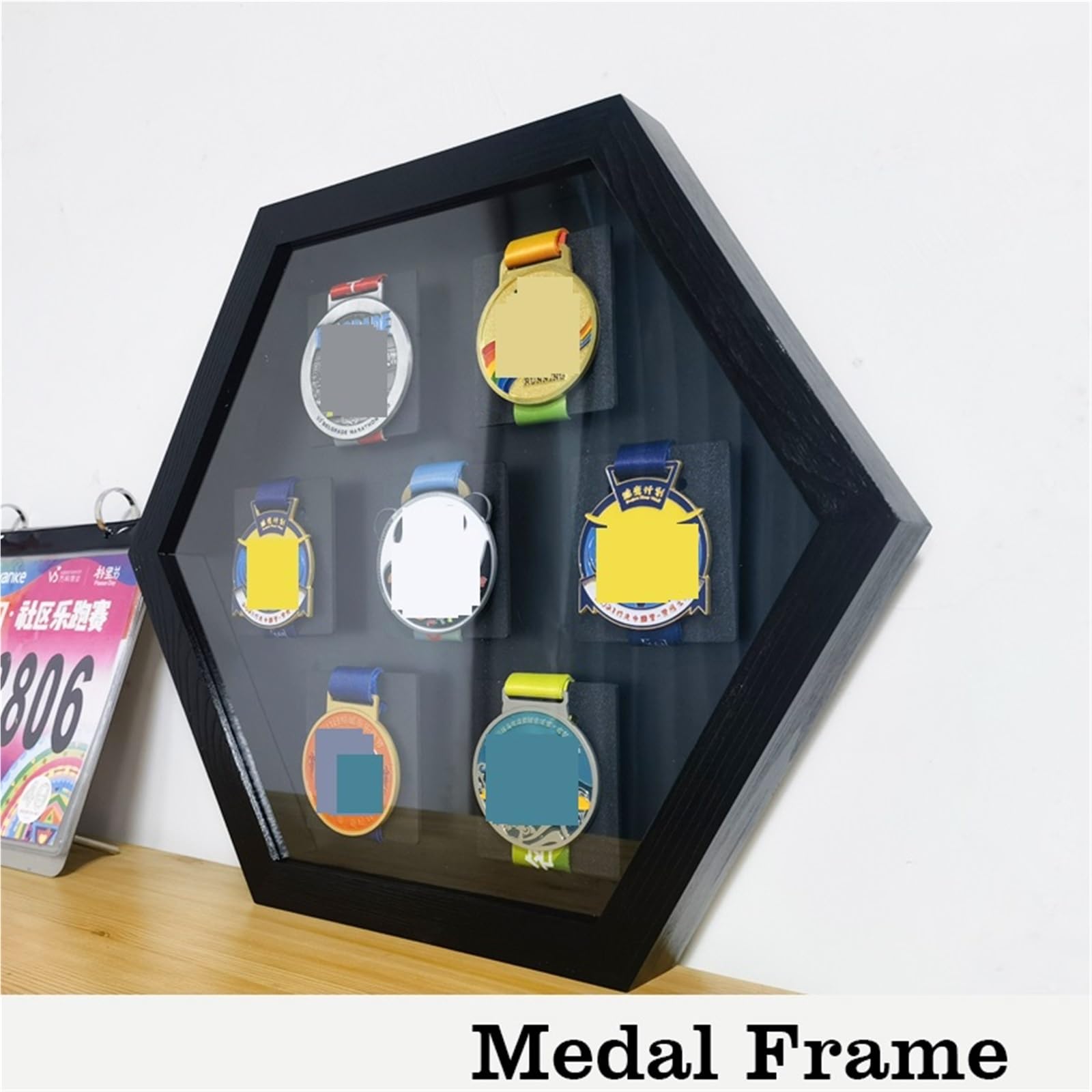 Medallero Colgador de medallas Marcos de medallas hexagonales de Madera for exhibición de maratón, Imagen montada en la Pared for Deportes, fútbol, ​​Correr, Nadar(Black)