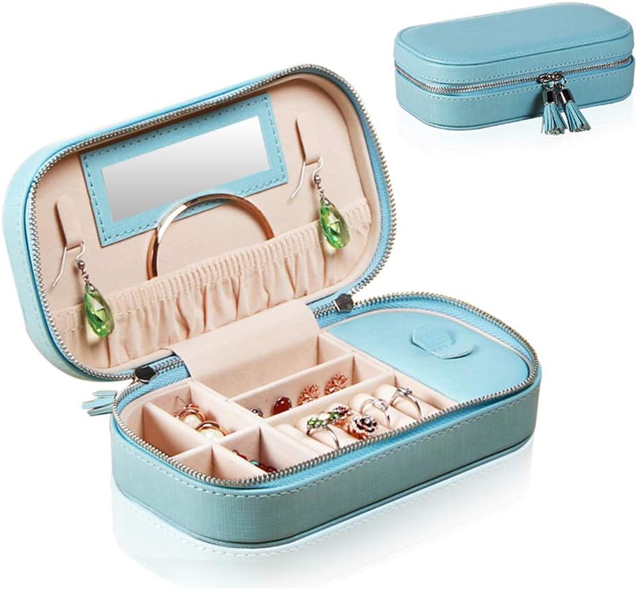 YAPISHI Travel Jewelry Box Organizer for Girls Women, Portable Faux Leather Jewellery Storage Display Case for Rings Earrings Necklace Watch Bracelet (Blue-Large)
