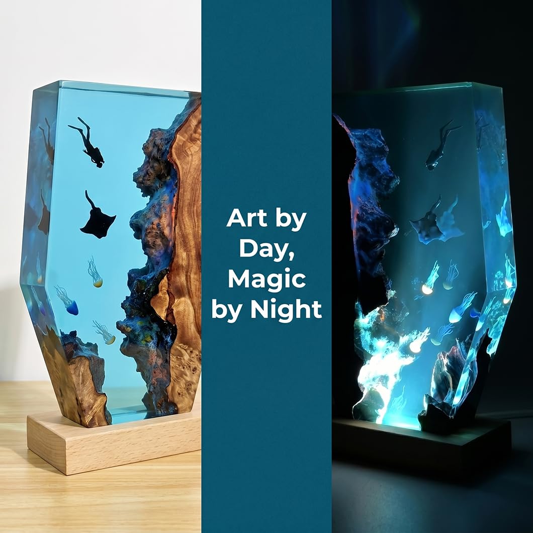 Tiefseetaucher Resin & Massivholz Lampe – USB-dimmbare Nachtleuchte mit Mantarochen & Quallen 3D-Dekoration, handgefertigtes Epoxidharz-Kunstobjekt für Schlafzimmer, Wohnzimmer, Büro (22*13*3.5cm)
