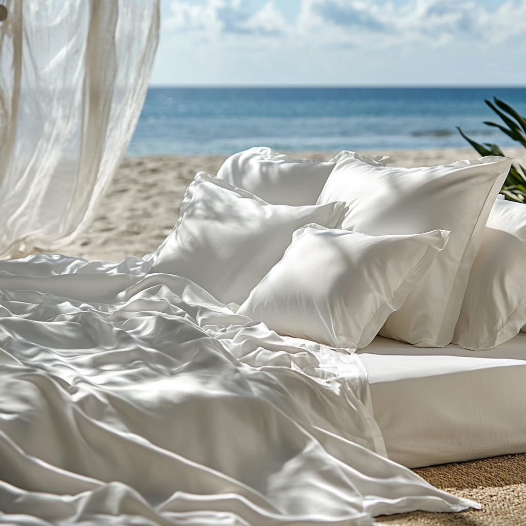 Double Stitch Cotton Tencel Sheet - Bed Sheets Set Queen Size, 4Pc Luxury Hotel Bedding Set, Soft, Cooling & Breathable for Hot Sleepers, Deep Pocket Up to 16 Inches, Bright White