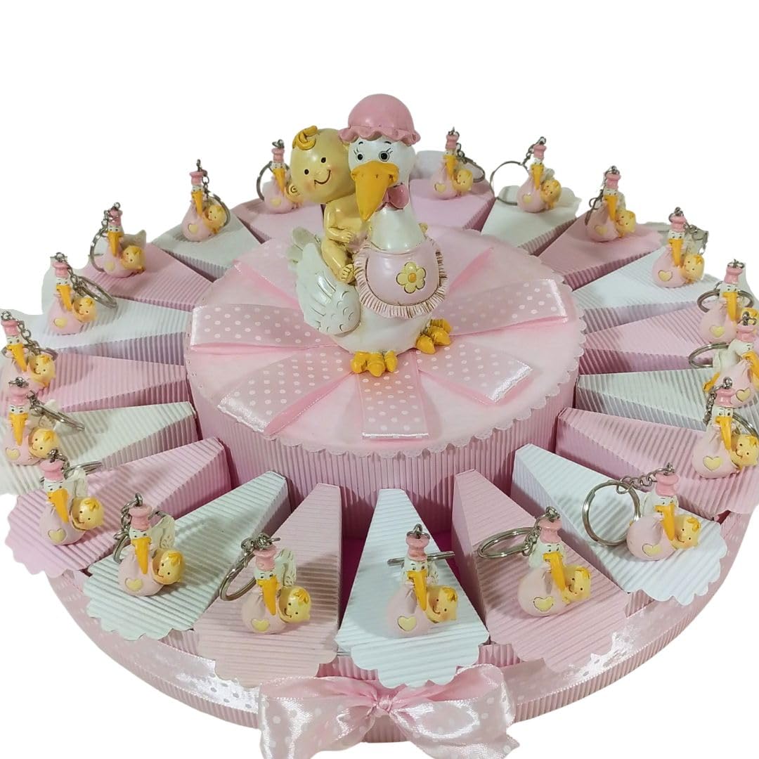 Torta portaconfetti bomboniere nascita bimba portachiavi cicogne fagotto + centrale salvadanaio cicogna confetti inclusi (20+3 fette) ULT
