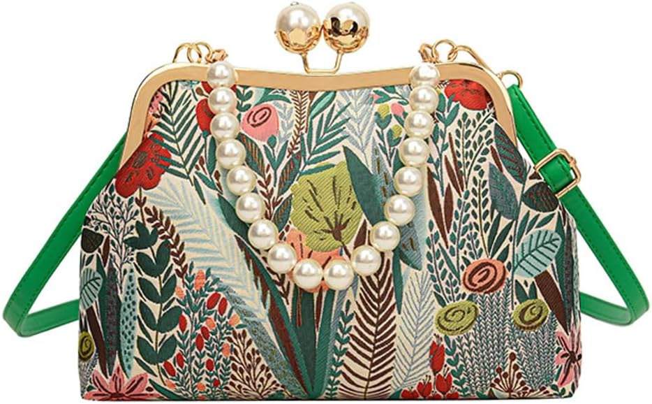 Vintage Embroidered Flower Handbag Retro Pearl Chain Crossbody Bag Clutch Kiss Lock Top Handle Shoulder Purse Wallet 2026