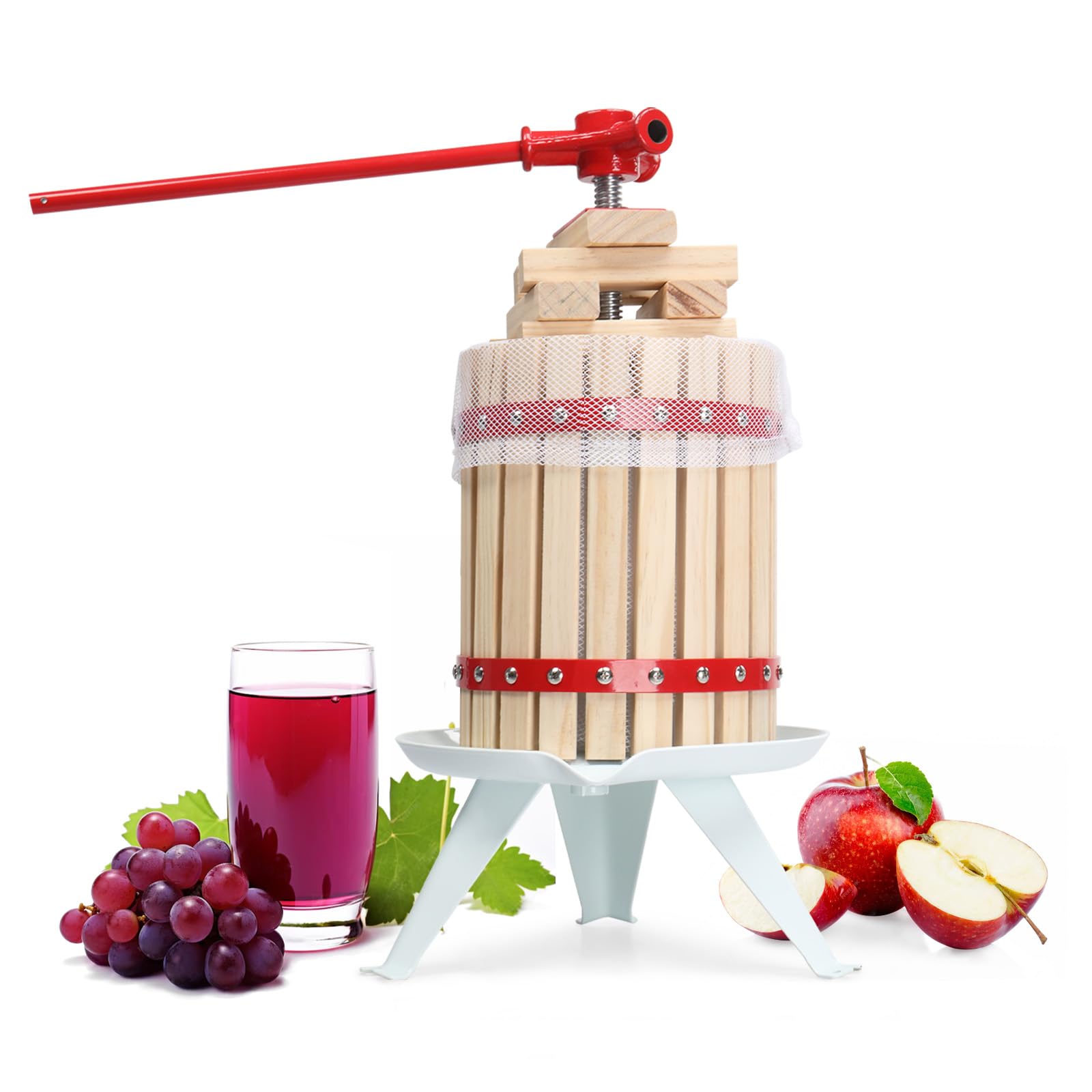 MYOKBAR 1.6 Gallon Fruit Wine Press, Solid Wood Basket Wine Making Press with 6 Blocks, 6 Liter Cider Apple Grape Crusher Manual Juice Maker for Kitchen Home Outdoor, Red