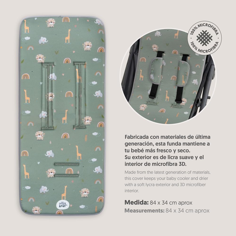 Interbaby Materassino per passeggino universale per estate | Safari verde | traspirante e confortevole | copertura per passeggino 100% cotone, 84 x 34 cm, protezioni per imbracatura