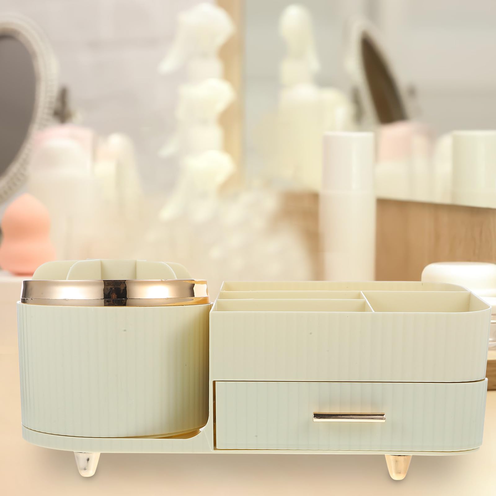 Organizzatore Trucco Rotante da Tavolo in Pet Beige, Grande Capacità, Contenitore Cosmetico per Camere da Letto e Bagni, per Accessori Ordinati