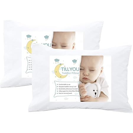 TILLYOU Ergonomic Toddler Pillows with Pillowcases Set of 2, Premium Baby Pillows for Sleeping in Crib or Bed, 100% Egyptian Cotton, 13X18 Travel Size, Small Nap Pillow for Preschool Kids or Children