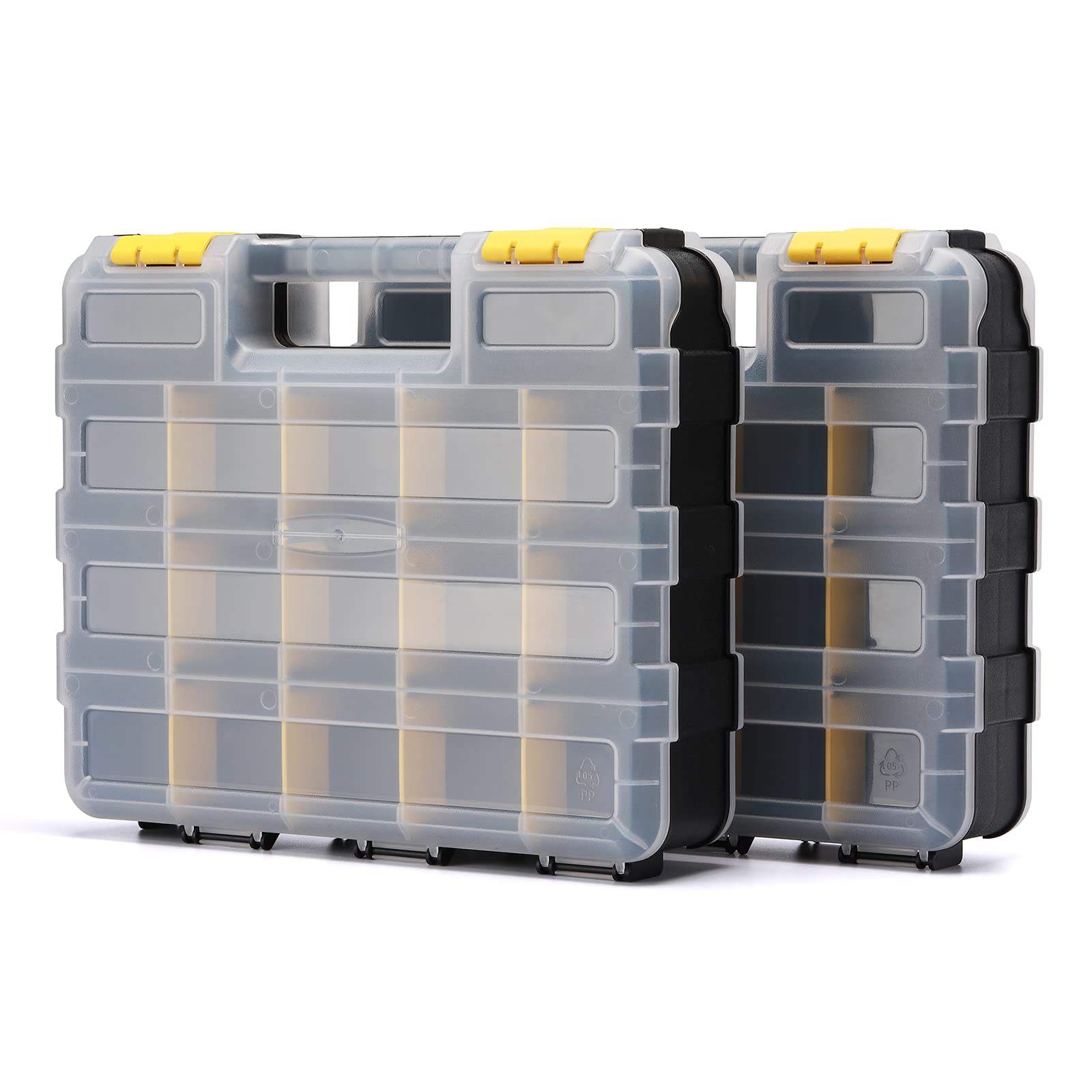EMENTOL 2 organizer doppio lato per attrezzi con divisori in plastica personalizzabili/rimovibili, custodia per viti, dadi, chiodi, bulloni, 34 scomparti, nero/giallo