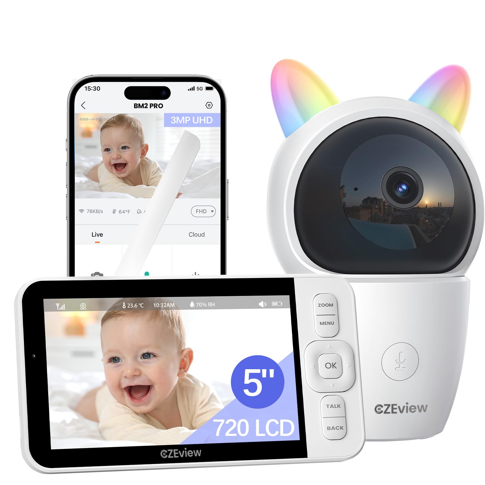 CZEview Babyphone mit Kamera, 2K/5,0" HD WLAN Video Babyfon mit App, 360°, 4× Zoom, Nachtsicht, Automatische Verfolgung, Weinen/Bewegungs/Geräuscherkennung, Temperaturanzeige