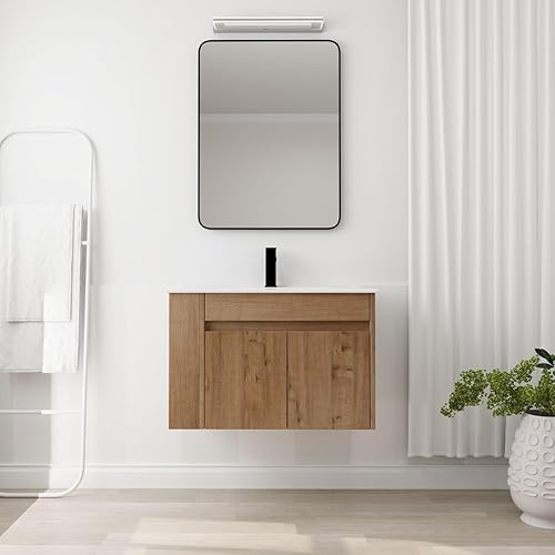 Miniatura 8 de YSJZYBF Moderna vanidad flotante de 20 pulgadas para baño montada en la pared con fregadero de resina blanca y gabinete de almacenamiento con puerta