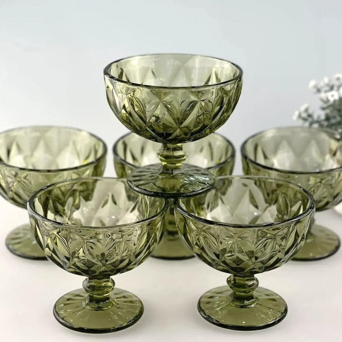 STP GOODS Smokey Glass Dessert and Ice Cream Bowl with Lines Set of 4 (Green)
