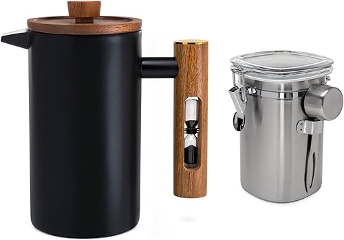 ChefWave Coffee Enthusiast Bundle Set Cafetera de prensa francesa de acero inoxidable de doble pared de 34 onzas con temporizador y recipiente de