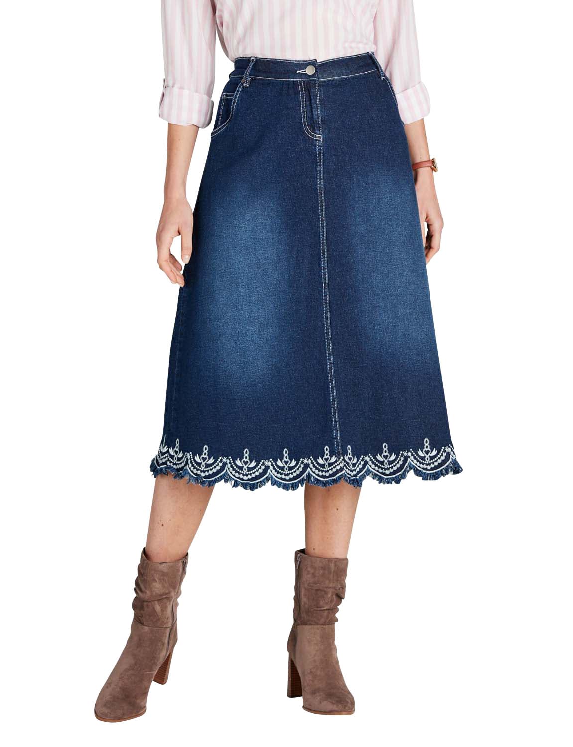 Amber Women's Indigo Embroidered Hem Denim Skirt With Scallop Hem, Elasticated Waist & Pockets 10
