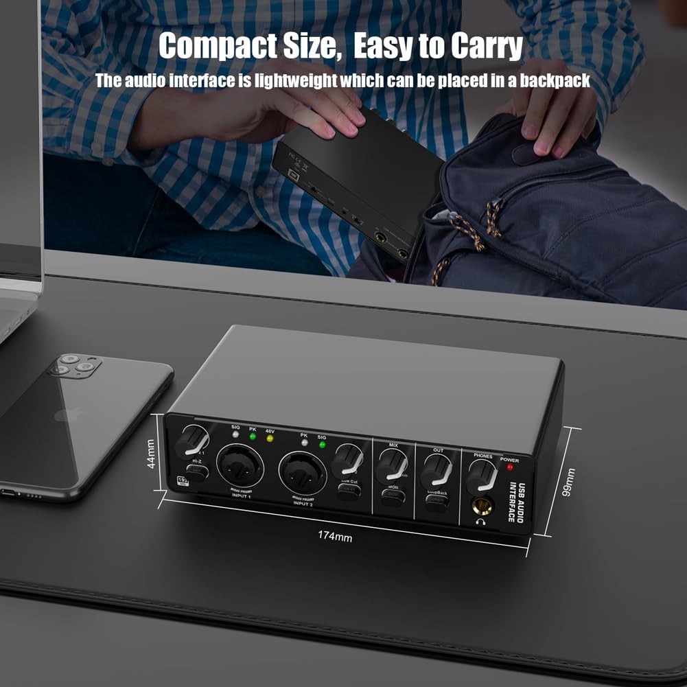 Interfaz de Audio USB, Interfaz de Audio 2 en 2 Salidas con Alimentación Fantasma de 48 V para Grabación, para Guitarrista, Vocalista y Podcaster