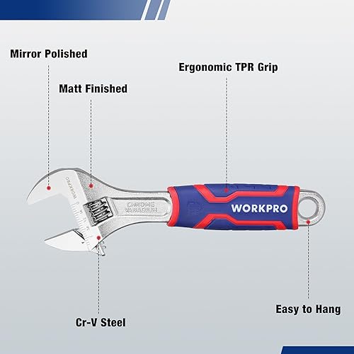 Miniatura 3 de WORKPRO Juego de llaves ajustables de 3 piezas, llave de mandíbula ancha Cr-V con agarre antideslizante de goma, 6 pulgadas, 8 pulgadas, 10 pulgadas