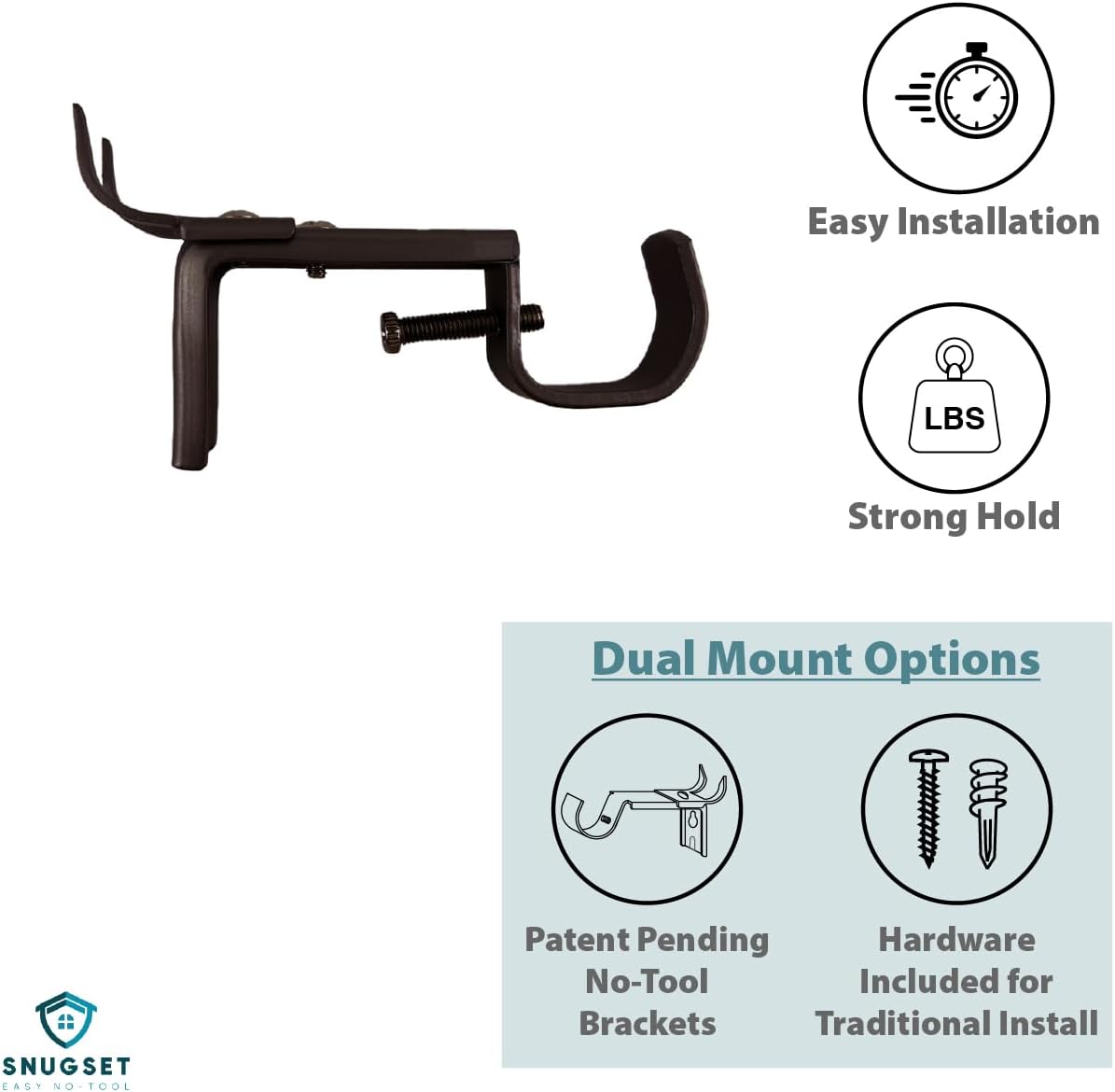 SnugSet Universal Curtain Rod Brackets, Set of 3 – Bronze Finish, Heavy-Duty Steel, Adjustable Projection, No-Drill Installation