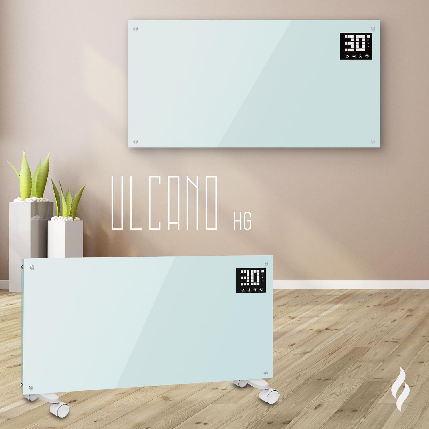 Calefactor eléctrico de baño, bajo consumo 2000 W (modo Eco 1000 W), termoconvector con ruedas + montaje en pared, cristal templado, pantalla + temporizador + mando a distancia, con termostato