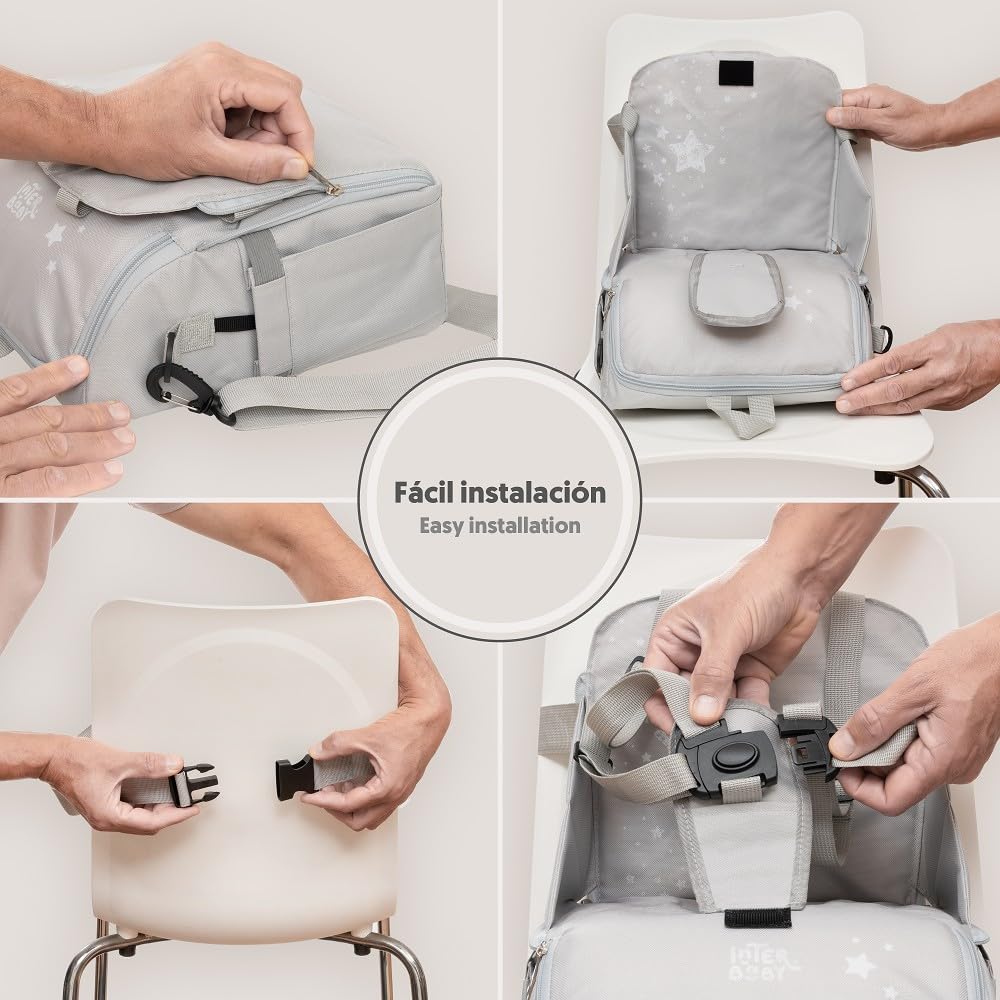 Interbaby - Chaise haute d'appoint portable pour bébé - Siège bébé - Convertible en sac à dos ou en sac - Pliable, léger et avec poignée réglable pour le transport - Étoiles grises