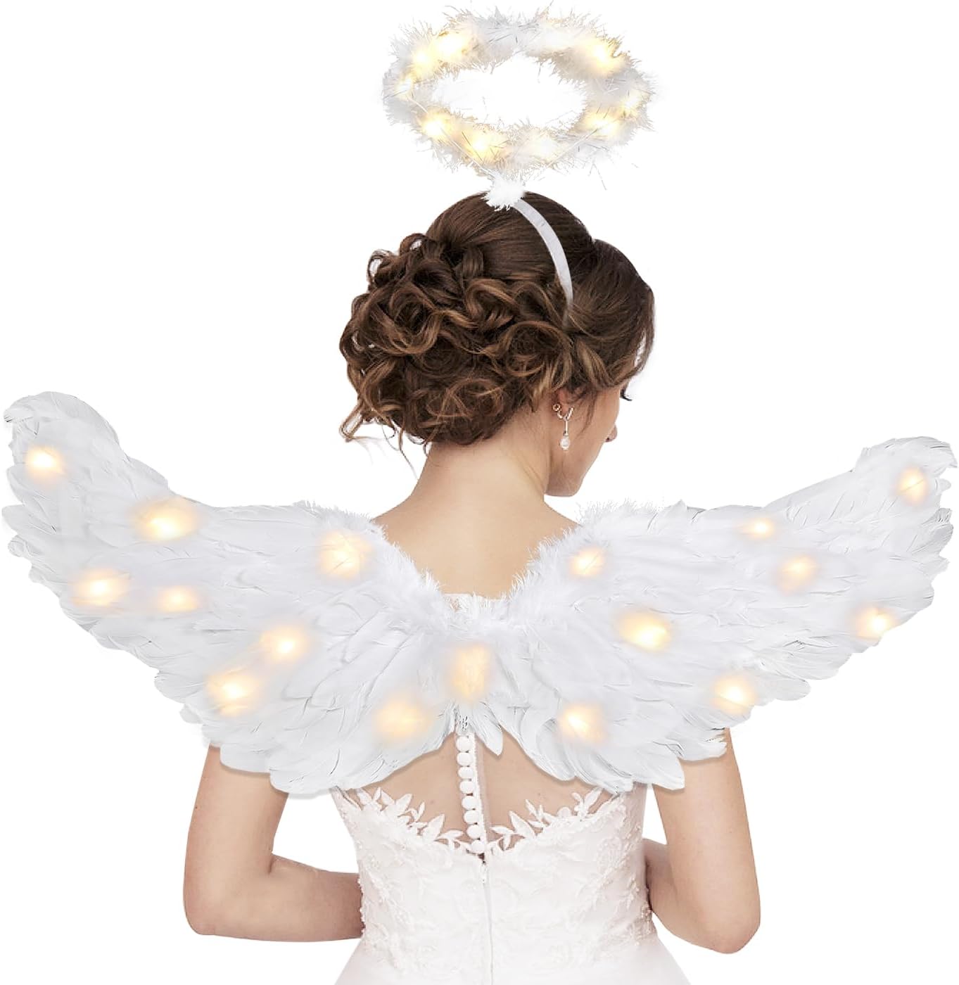 Angel Wings, Light Up Angel Wings and Halo with LED Lights, White Angel Wings Costume for Adult Women Kids Halloween Xmas