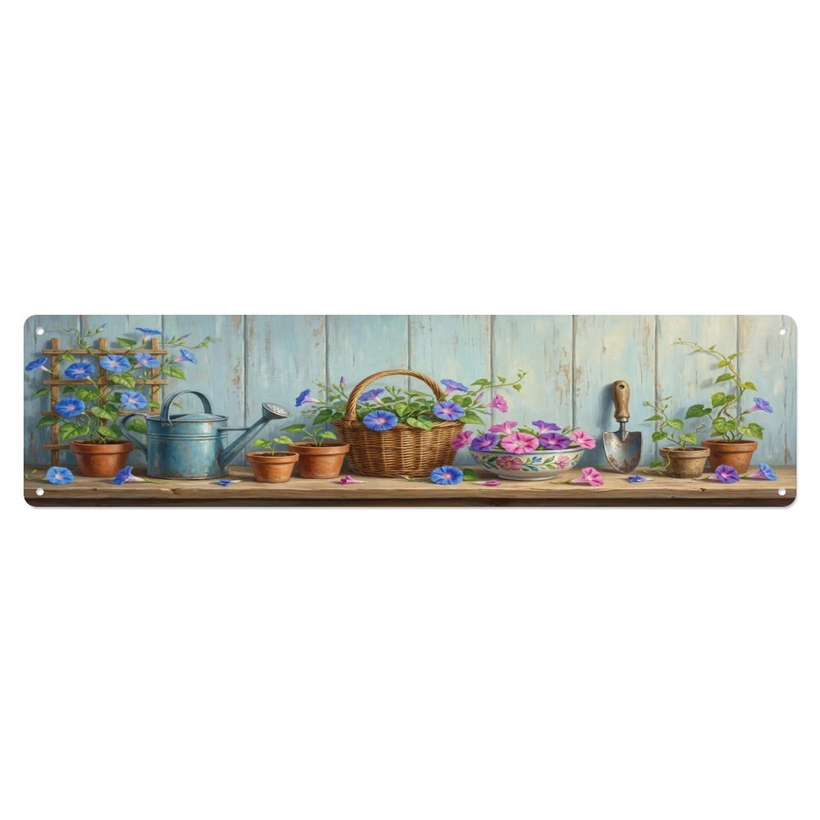 Floral Garden Tools Morning Trellis Pattern Print Metal Tin Sign
