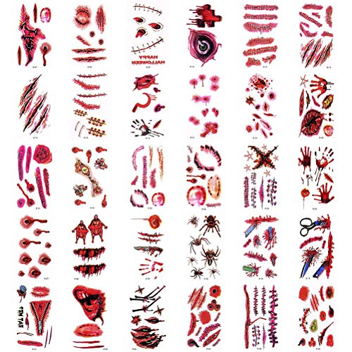 TIMESETL 30 Sheets Halloween Temporary Tattoos Stickers, Zombie Scars Tattoos Bloody Scar, Realistic Fake Bloody Wound Horror Body Face Decals Prank Props for Zombie Party Supplies Cosplay Props