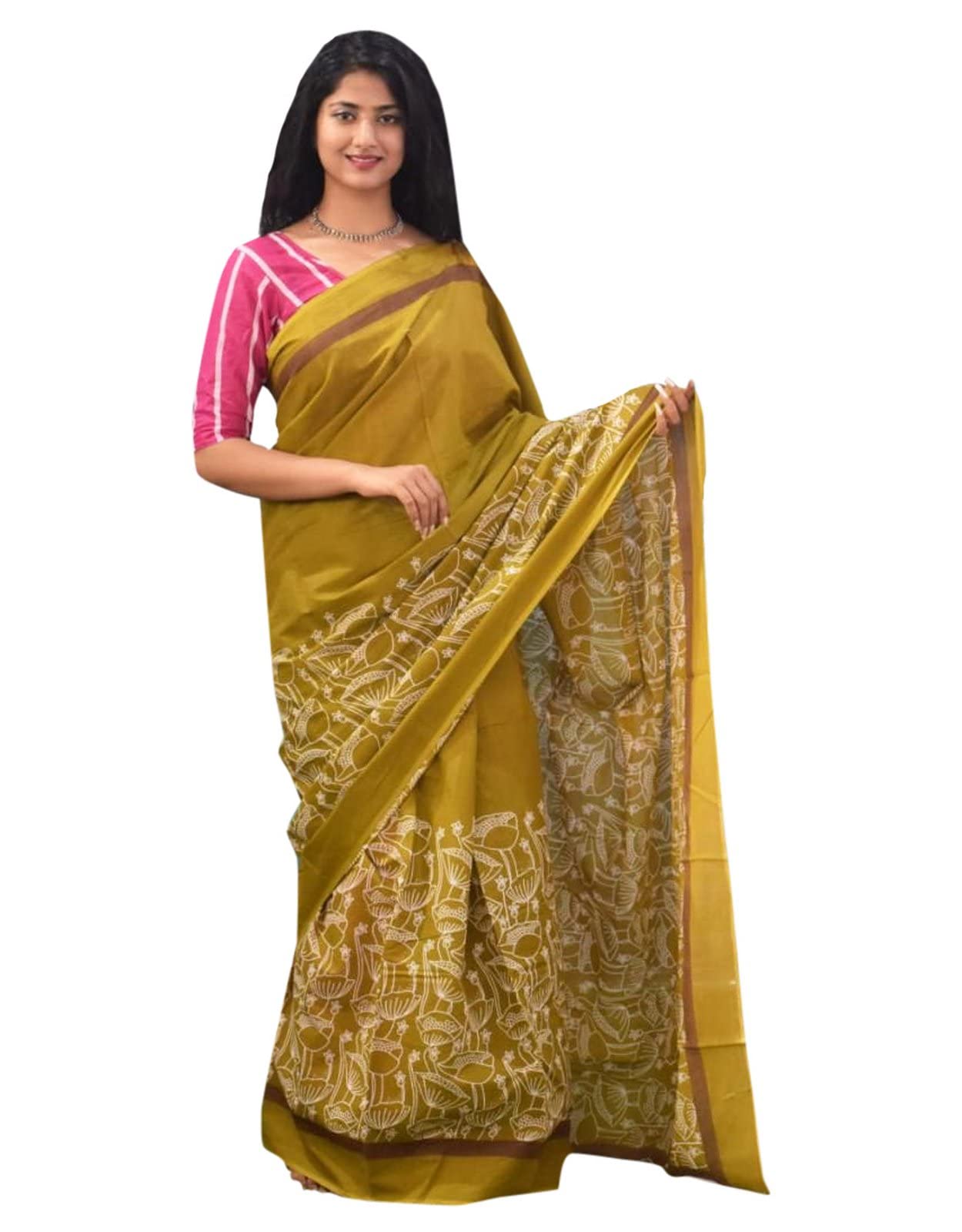 Peegli Women Indian Cotton Sari Sanganeri Hand Printed Saree with Blouse Piece