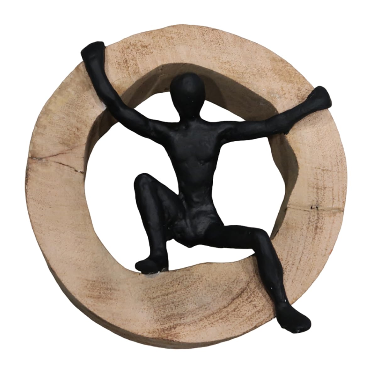 ROCKING GIFTS Figura Decorativa Hombre de Metal Negro Sentado sobre Círculo de Madera de Mango Marrón, Adorno para Colgar en Pared, Decoración para Salón, Entrada y Recibidor, 18 cm
