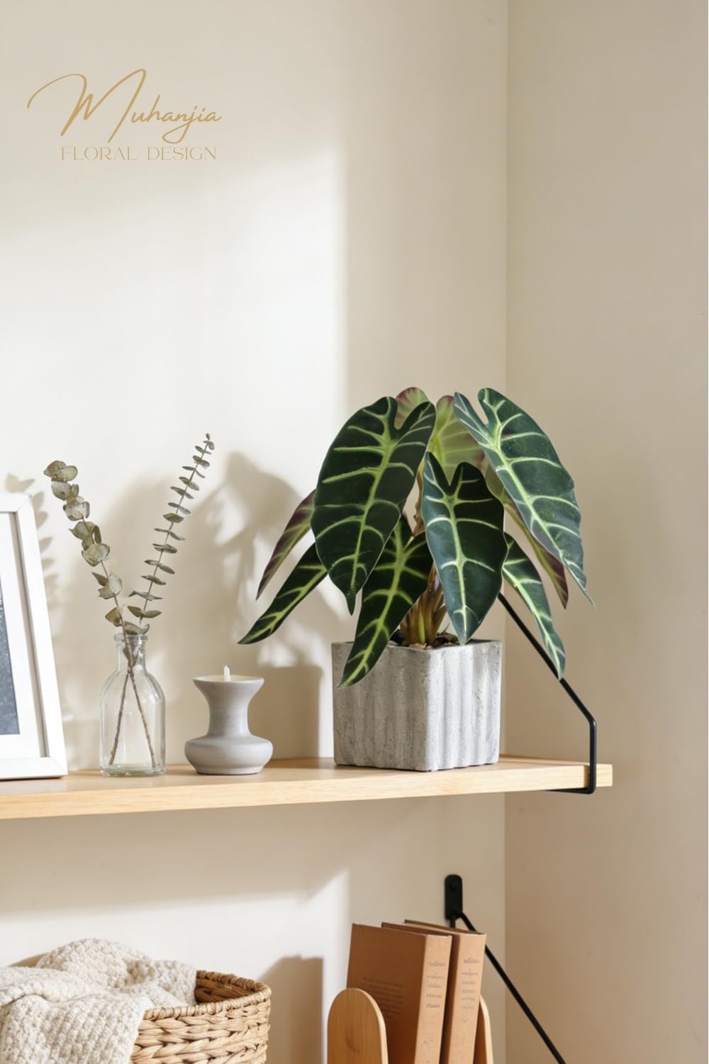 Artificial Potted Plant, Lifelike Faux Greenery in Decorative Cement-Look Square Pot for Indoor Home Decor Centerpieces (Alocasia) - Image 4