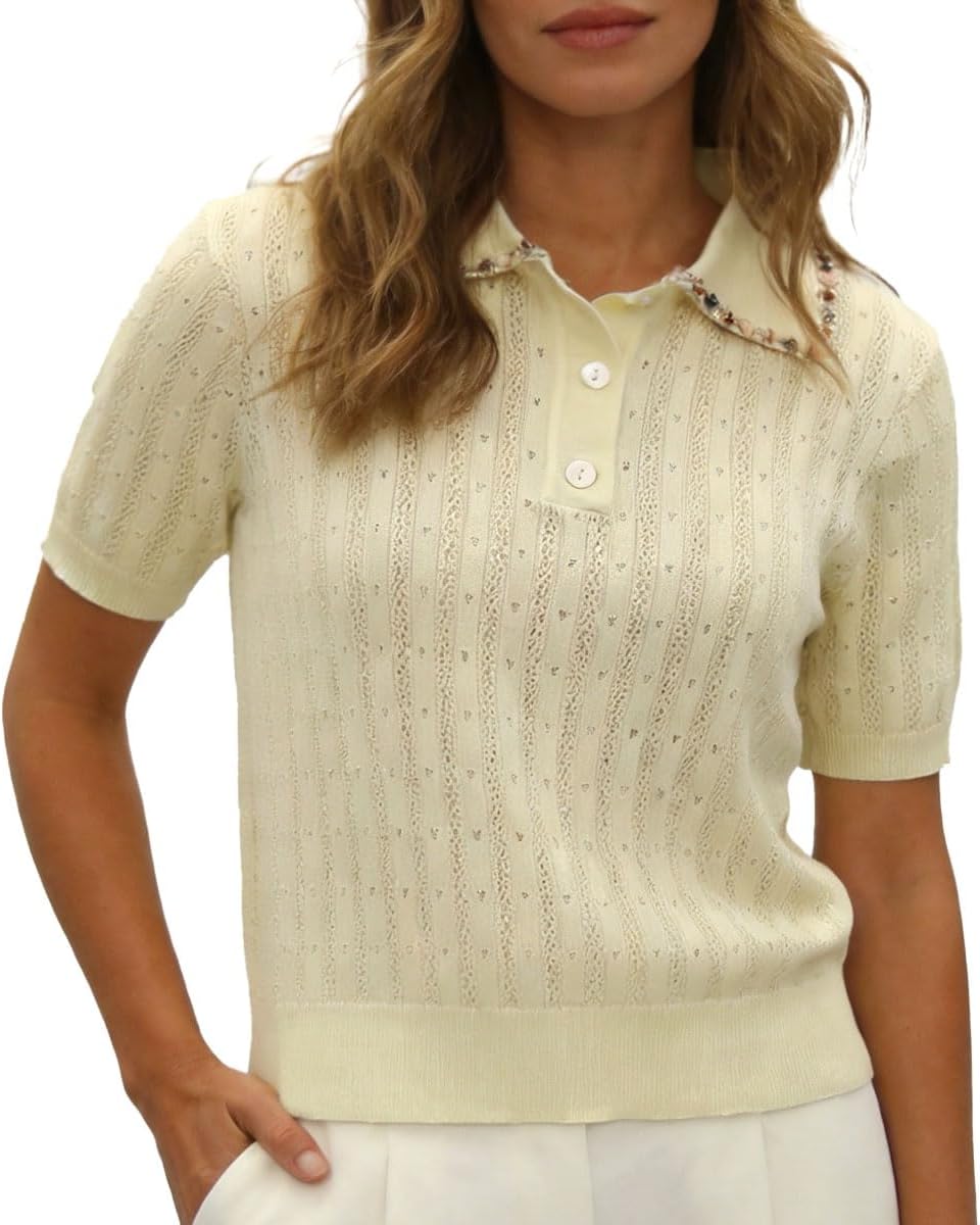 LEO'S VASE Women's Short Sleeve Knit Polo Sweater with Collar Embellishment, Casual Soft Solid Color Sweater for Daily wear