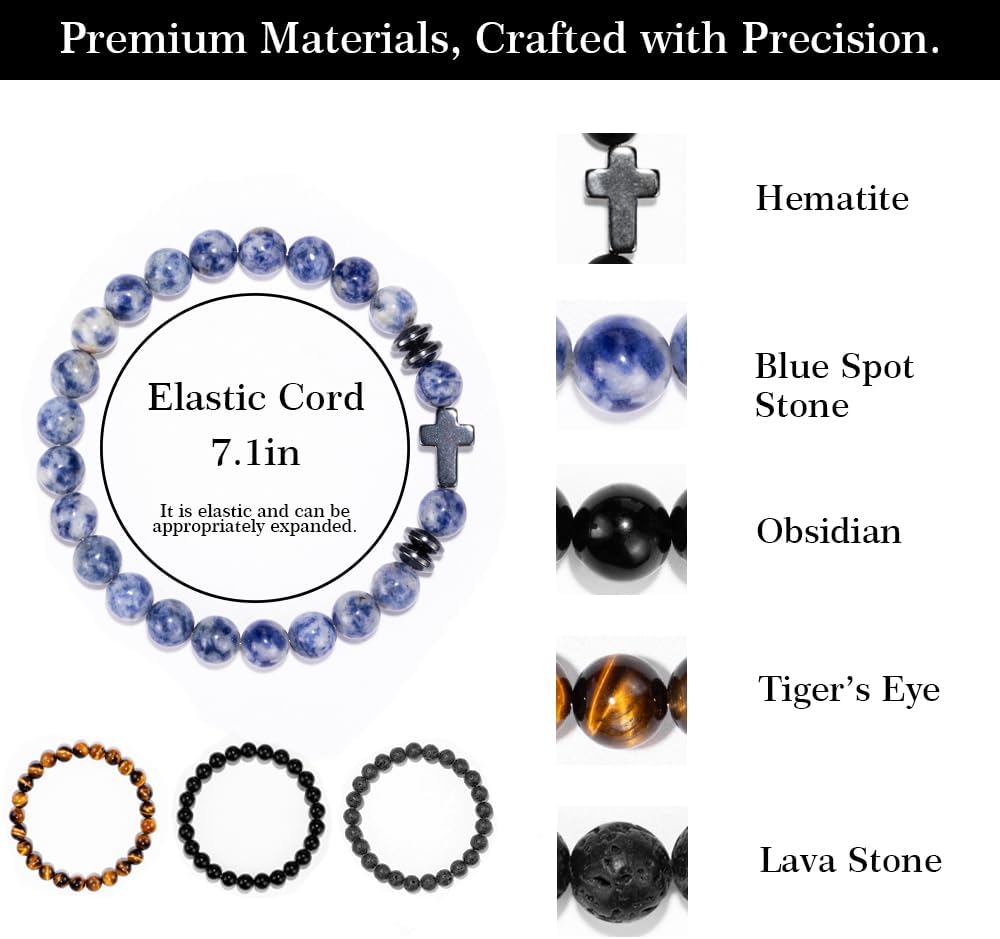 Men Beaded Bracelets, 8mm Natural Stone Bracelet, Healing Crystal, Jewelry Gifts for men, Triple Protection, Tiger Eye, Black Obsidian Beads Bracelets, Lava Rock, Pack of 4 - Image 3