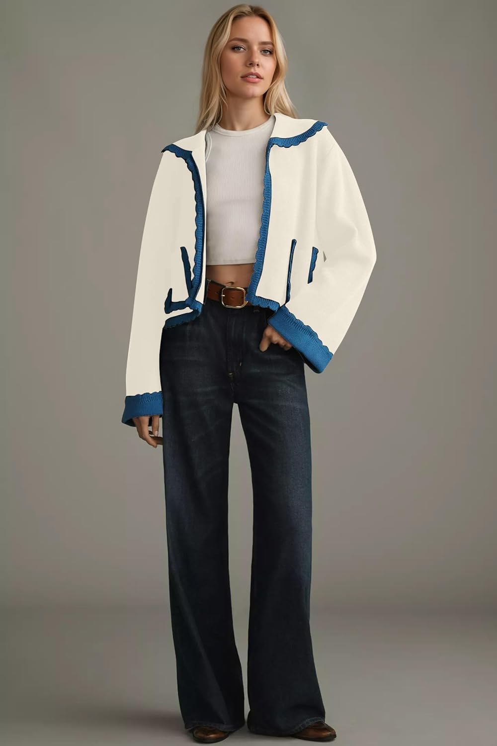 Women Scallop Collar Cardigan Sweaters Color Block Bell Sleeve Open Front Knit Cardigan Fall Sweater with Pockets - Image 4