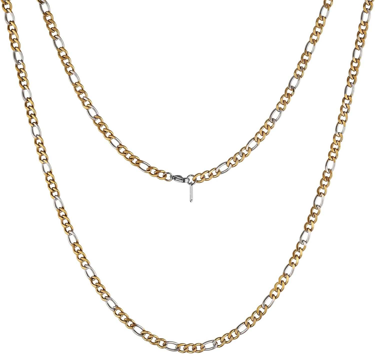 HZMAN Men Women 24k Real Gold Plated Figaro Chain Stainless Steel Necklace, Wide 3mm 5mm 7mm 9mm