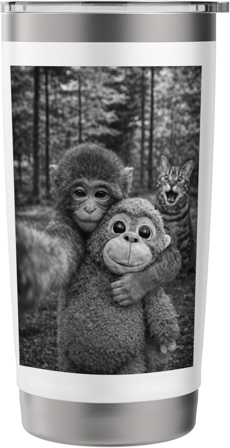 Sad Monkey Meme Orange Toy Selfie with Cat Viral Meme Stainless Steel Insulated Tumbler image 3