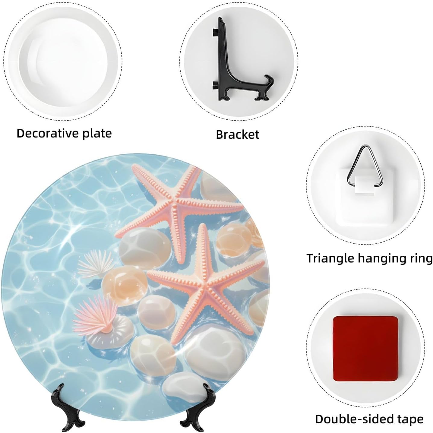 Seashells In Sunlit Water Style Ceramic Plate Display Decorative Plate With Stand Wall Hanging Plate For Home Decor 10 Inch