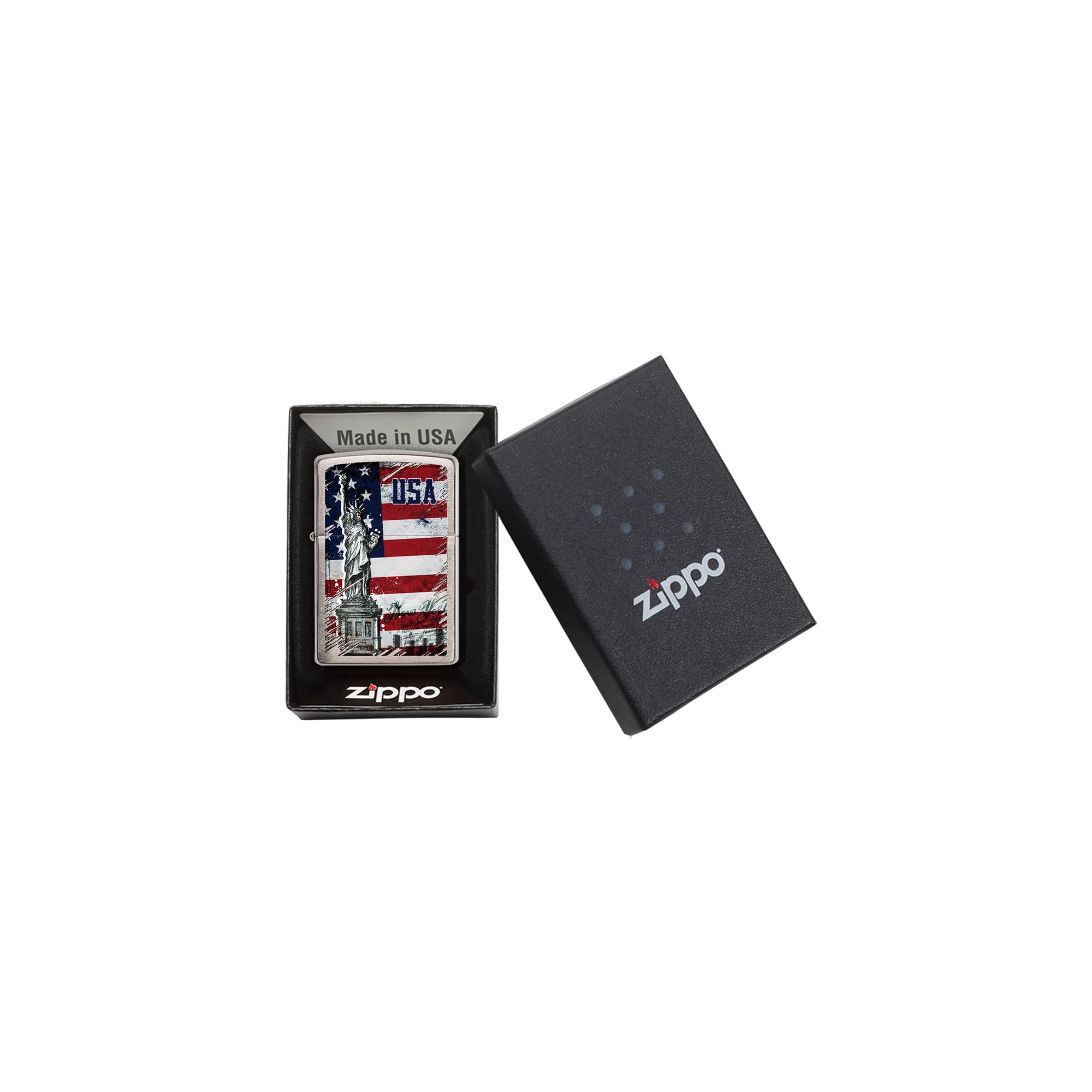 Zippo Briquet Tempête - Statue de la Liberté Drapeau - Chrome Brossé avec Color Image - Rechargeable - Réutilisable - Design Coupe-Vent - Coffret Cadeau Fabriqué aux États-Unis