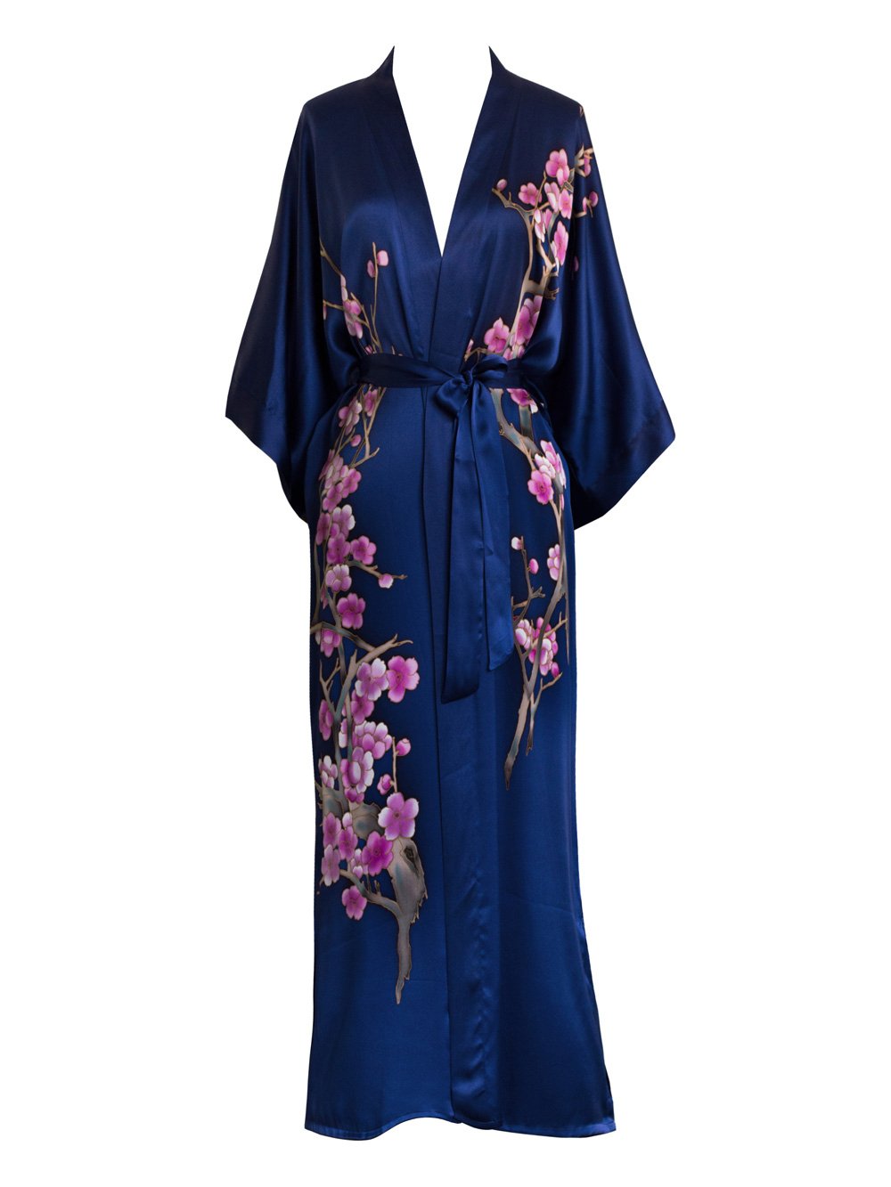 Old Shanghai Women's Silk Kimono Long Robe - Handpainted, Cherry Blossom Navy