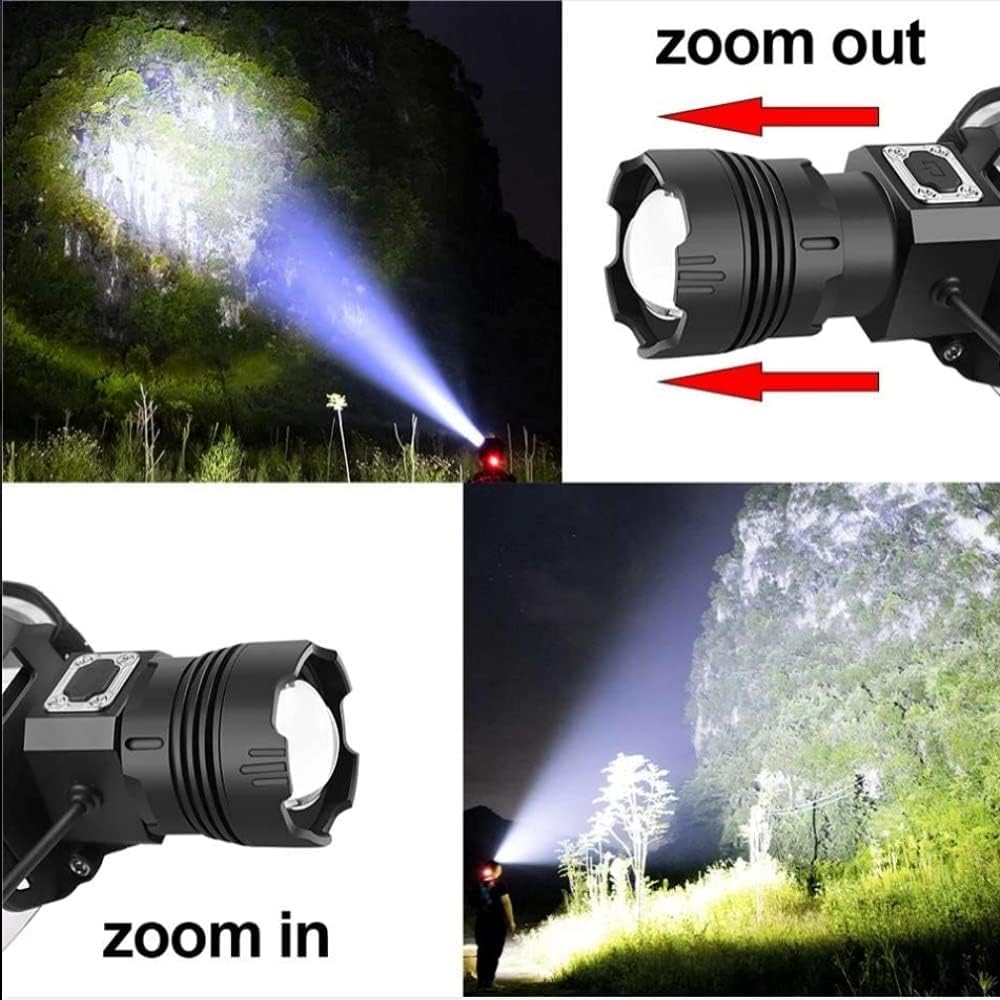 Lampe frontale LED ultra lumineuse rechargeable par USB avec projecteur de recherche étanche XHP99 haute performance, 200 000 lumens, zoom à 3 niveaux et détecteur de mouvement, idéale pour le camping
