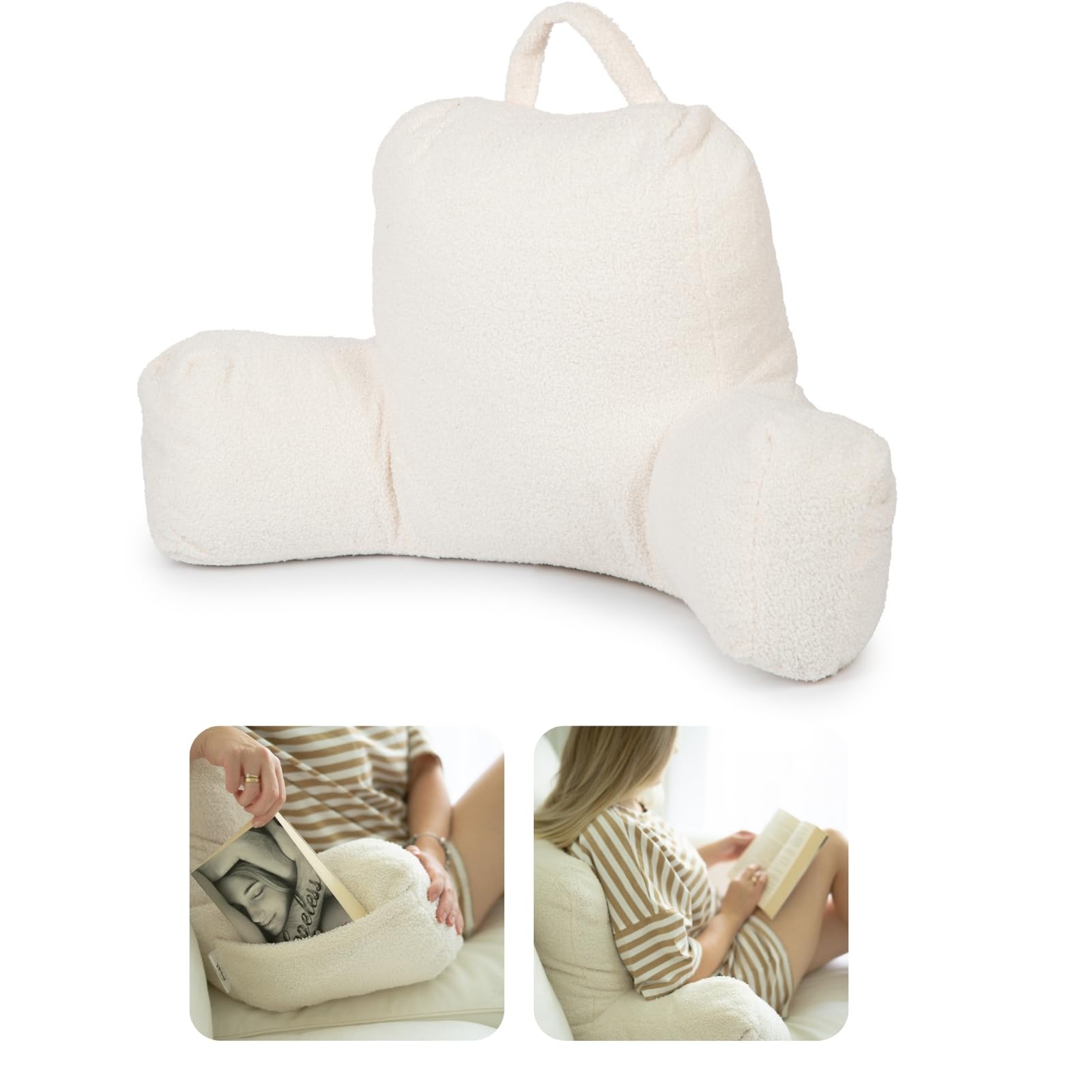 Flumi Rückenlehnenkissen mit Armlehnen zum Lesen Fernsehen oder Entspannen, Lesekissen für Bett und Sofa mit Waschbar Bezug Bettauflage Foam Füllung, Rückenstütze mit Tragegriff (Boucle Beige)