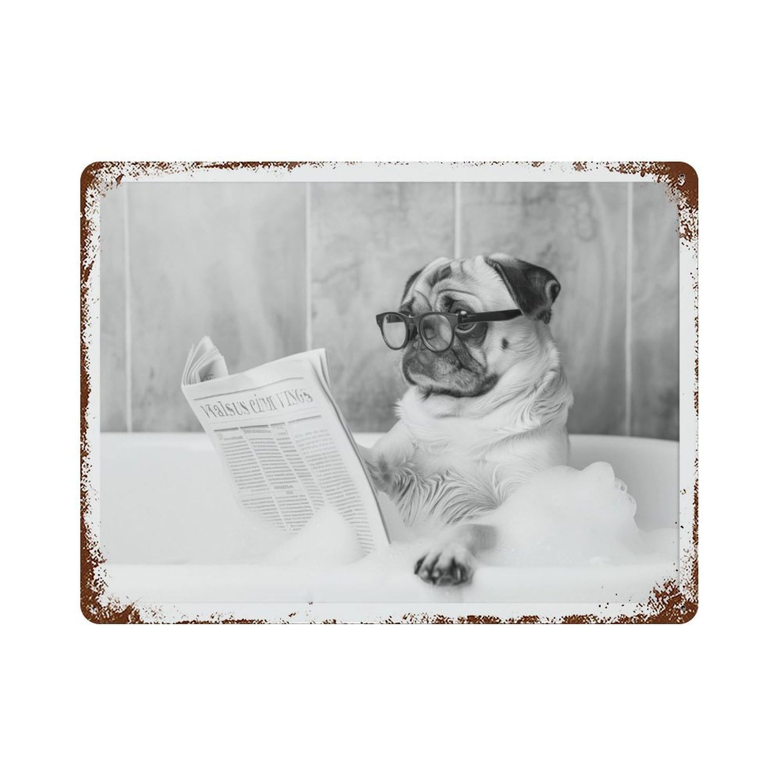 xiaoxiaoshen Pug in Bathtub Dog Reading Newspaper, Funny Bathroom Decor Wall Decor Art Metal Tin Poster Modern Home Decor Art Home Bar Shop Decorations Vintage Sign 30x40cm
