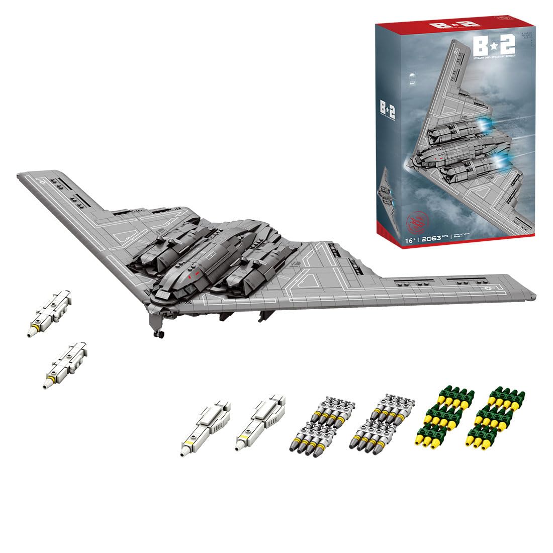 B-2 Bomber zestaw klocków zaciskowych, model samolotu wojskowego, zabawka z bronią 1:70, model sił powietrznych dla dorosłych i kolekcjonerów (2063 części)
