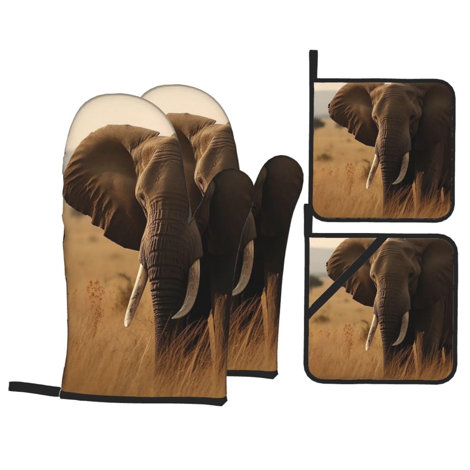 Oven Mitts and Pot Holders Set of 4 Heat Resistant Non-Slip Kitchen Gloves Hot Pads Elephant in the Grassland Oven Mitts Kitchen Mittens Gloves Non-Slip Potholders for Cooking Baking Grilling BBQ