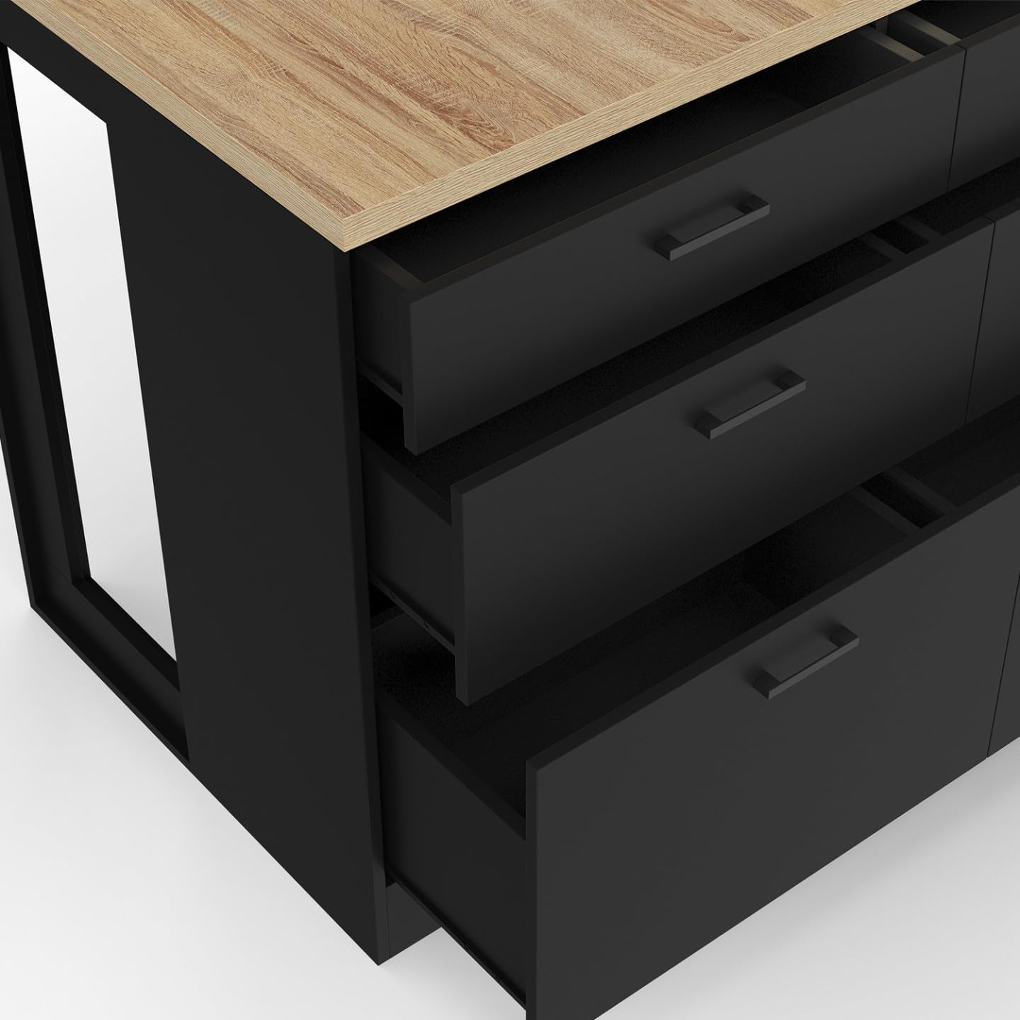 IDMarket - Ilot Central Mange-Debout Orso 120 cm casserolier 6 tiroirs Noir avec Plan de Travail façon hêtre
