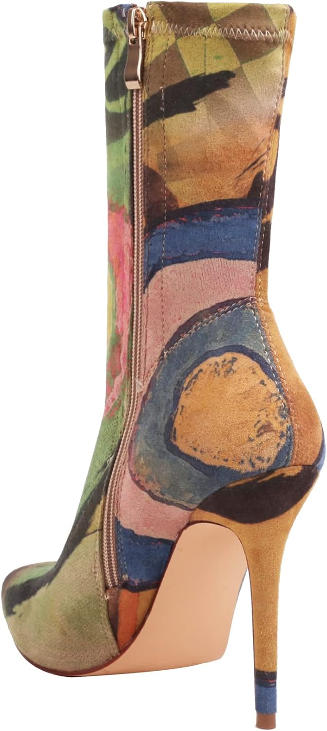 vivianly Women's Sexy Pointy Toe Stiletto Heels Ankle Boots Printed Stretchy Sock Booties - Image 4